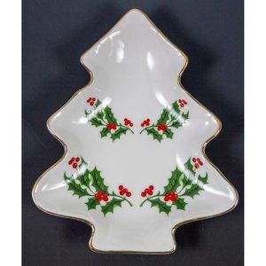 Christmas Holly Fine Porcelain Tree Shaped Candy Nut Trinket Dish Japan